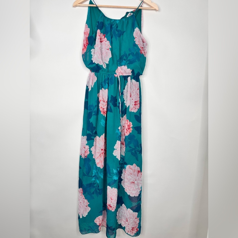 Storm Teal Pink Floral Chiffon Maxi Dress Sleeveless Elastic Waist Medium